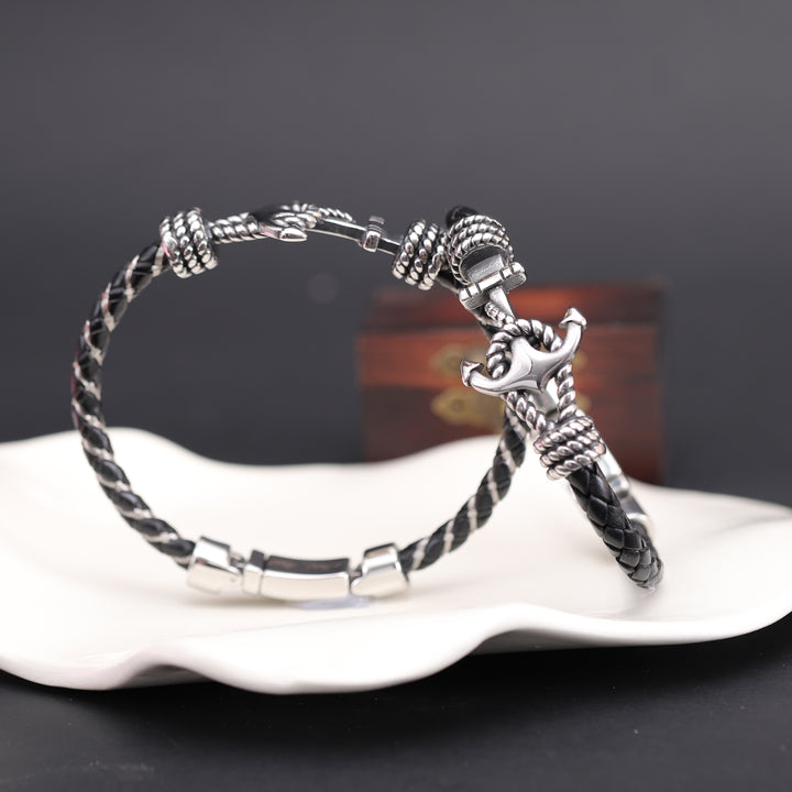 Personalized Men's Leather Bracelet with Hidden Message Anchor