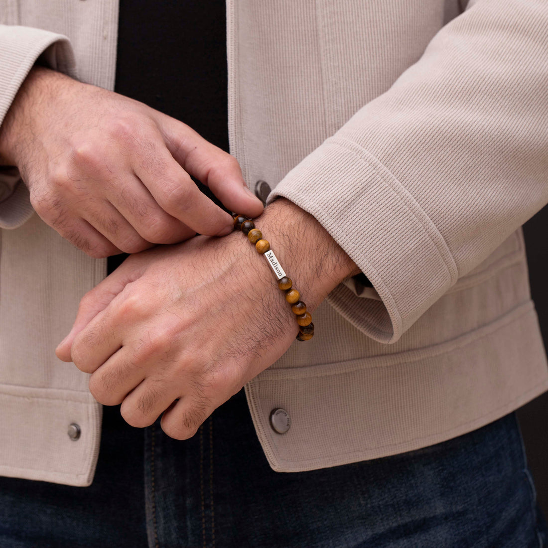 Close-up of Custom Names Tiger Eye Bracelet for Men with elegant engraving detail.