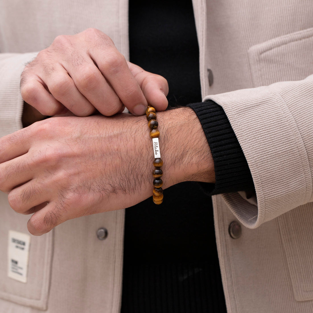 Personalized Tiger Eye Men's Bracelet with Custom Name on wrist