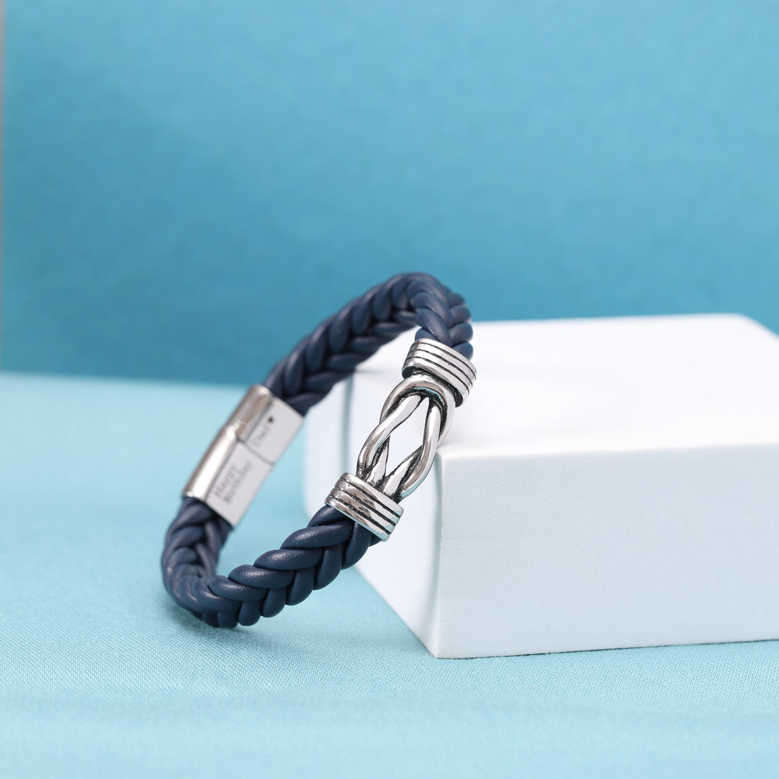 Blue Leather Infinity Knot Bracelet with Custom Engraving