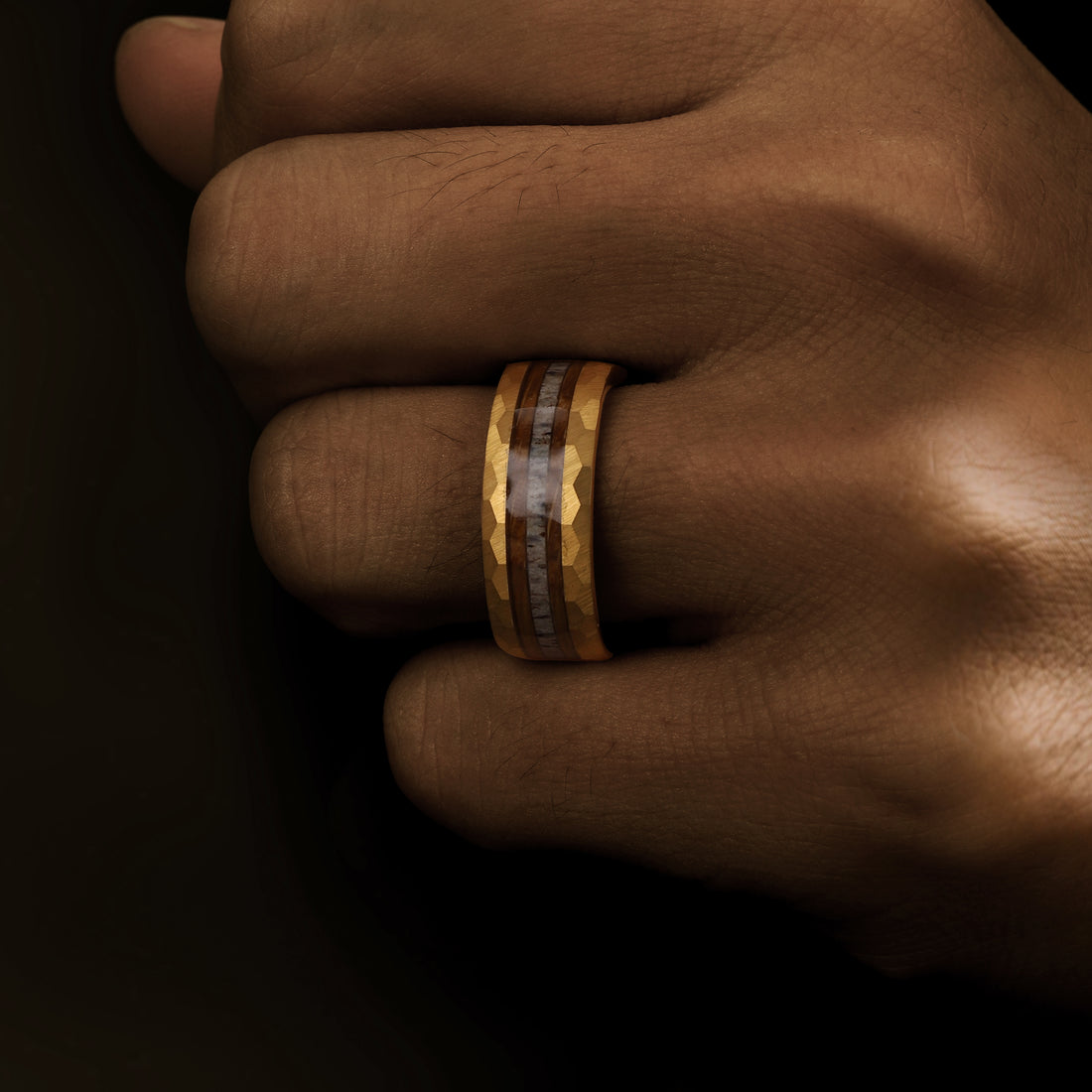 Gold Hammered Ring with Deer Inlay – Unique Men's Statement Ring