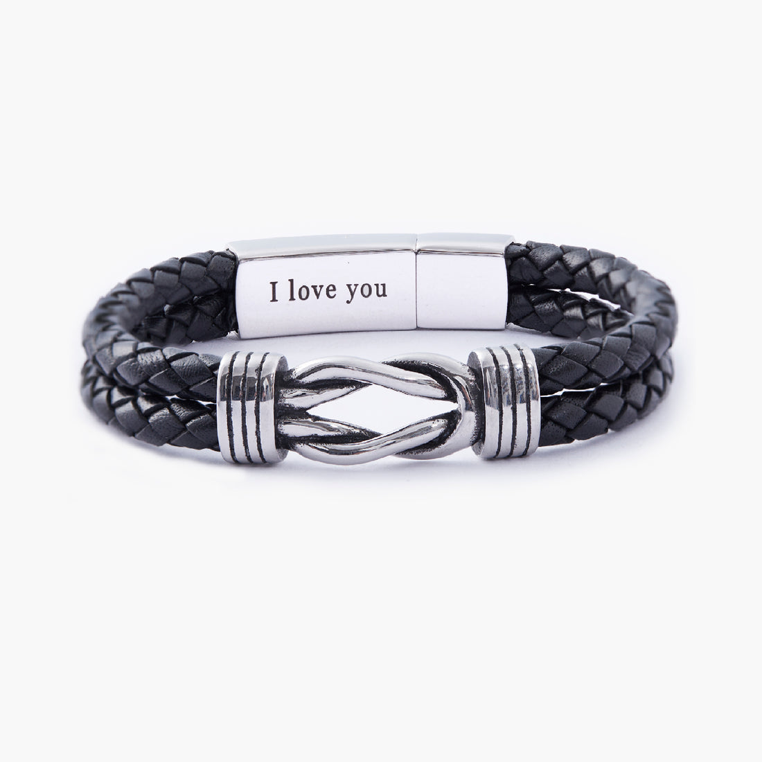 Elegant leather wristband with an infinity symbol charm, offering a personalized message engraved discreetly inside the clasp