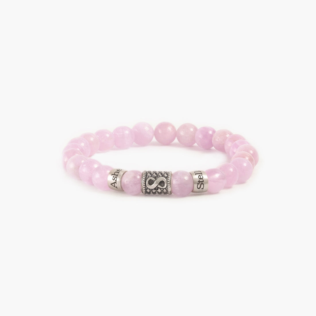 Personalized family infinity bracelet with pink quartz beads, engraved names, and perfect for Christmas gifting