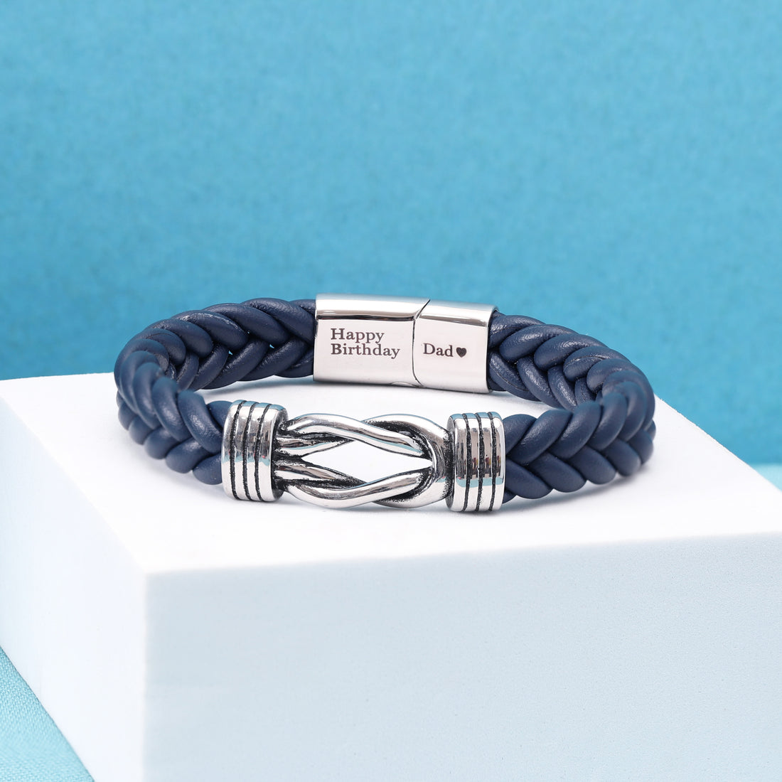 Blue Leather Infinity Knot Bracelet with Custom Engraving