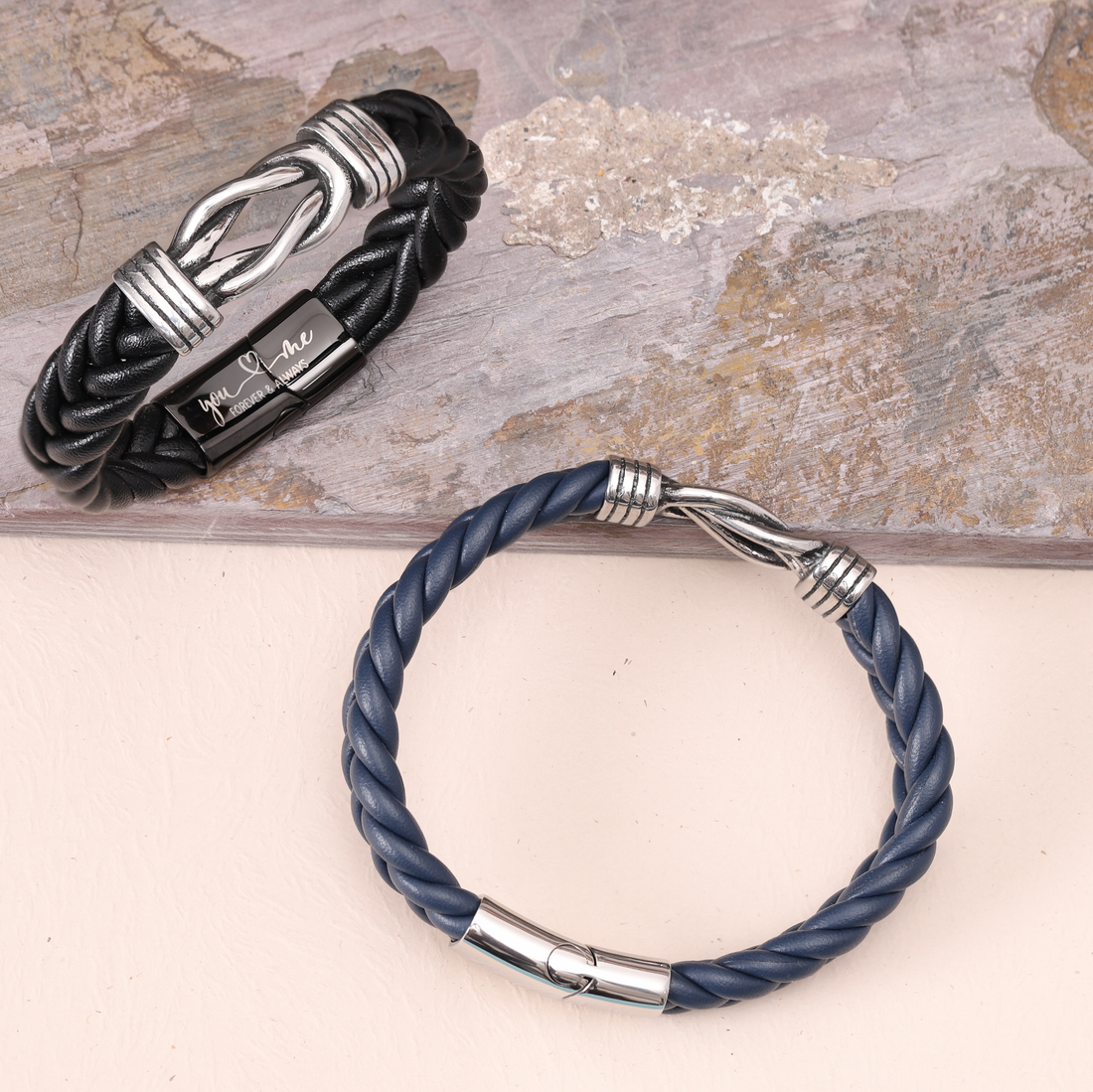 Blue Leather Infinity Knot Bracelet with Custom Engraving