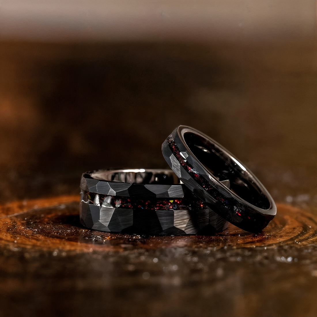 Unique Couple's ring with custom engraving and red opal inlay.