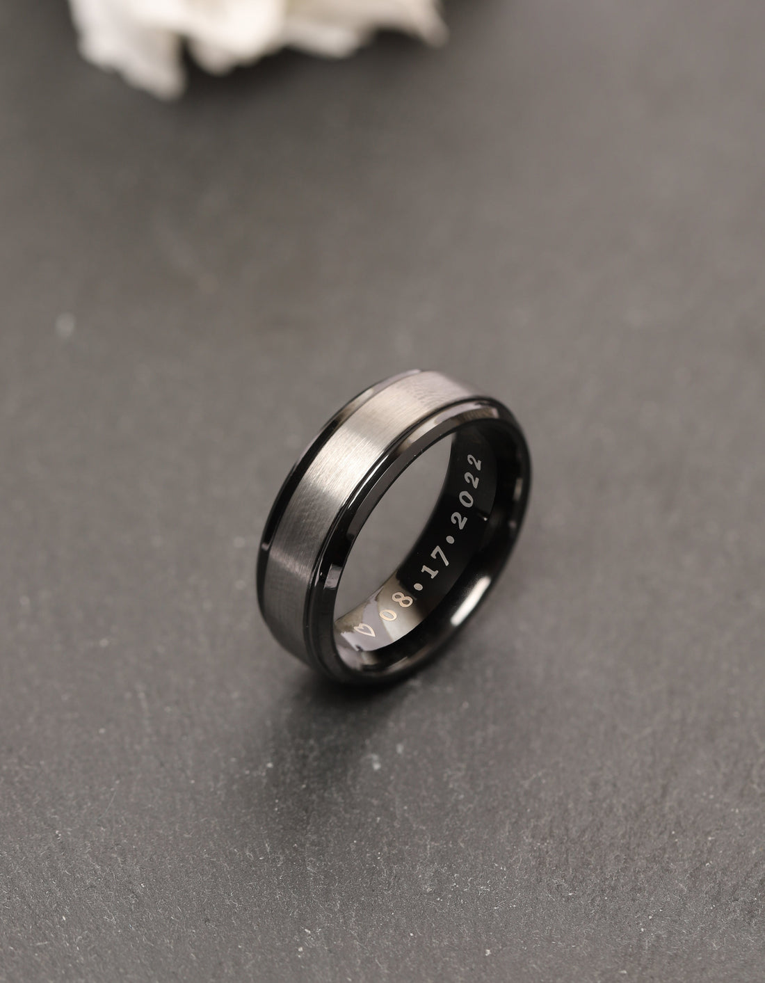 Custom-made promise ring for men, featuring personal engraving, crafted in high-quality silver with a polished finish