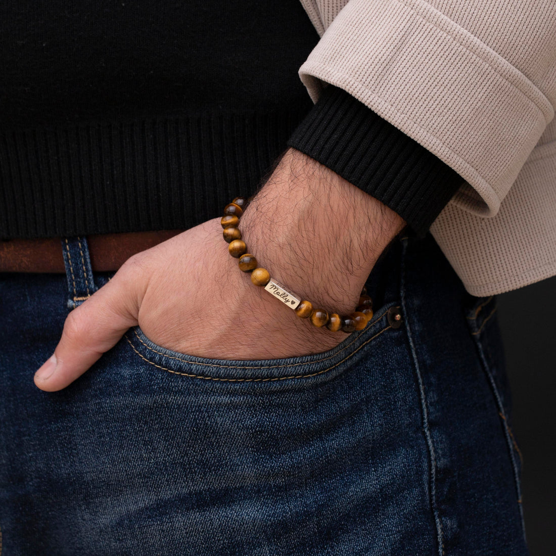 Beautifully crafted Tiger Eye Bracelet with Custom Engraving, perfect for gifting.