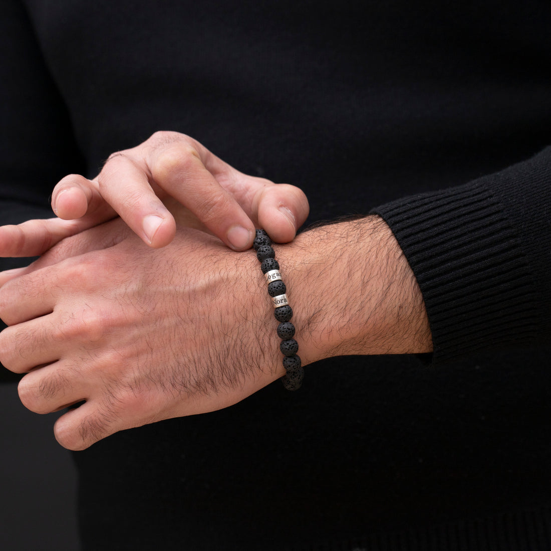 Stylish men's lava rock bracelet with the option to add names, reflecting the qualities of bravery and resilience, a meaningful gift for family member