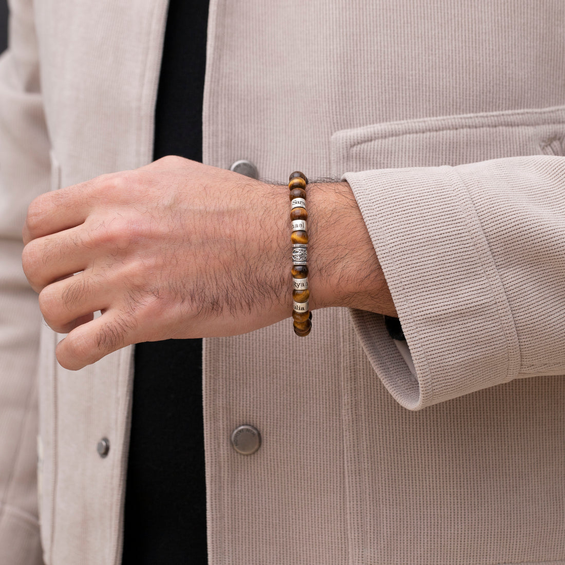 Elegant Tiger Eye Beads Bracelet Featuring a Central Tree Charm and Personalized Name Beads.