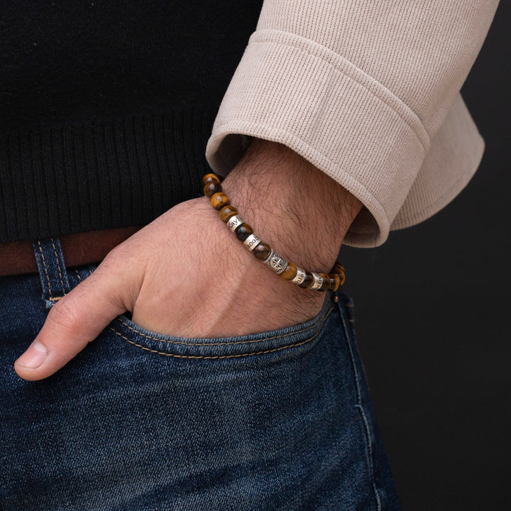 Elegant Tiger Eye Beads Bracelet Featuring a Central Compass Charm and Personalized Name Beads