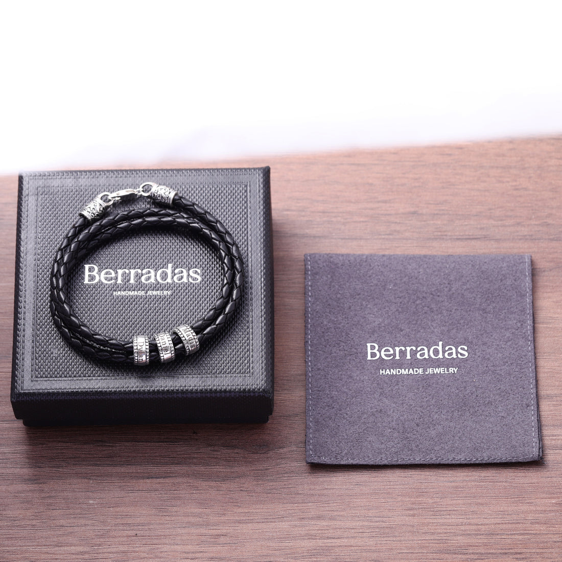 black leather bracelet and Berradas jewelry packaging box