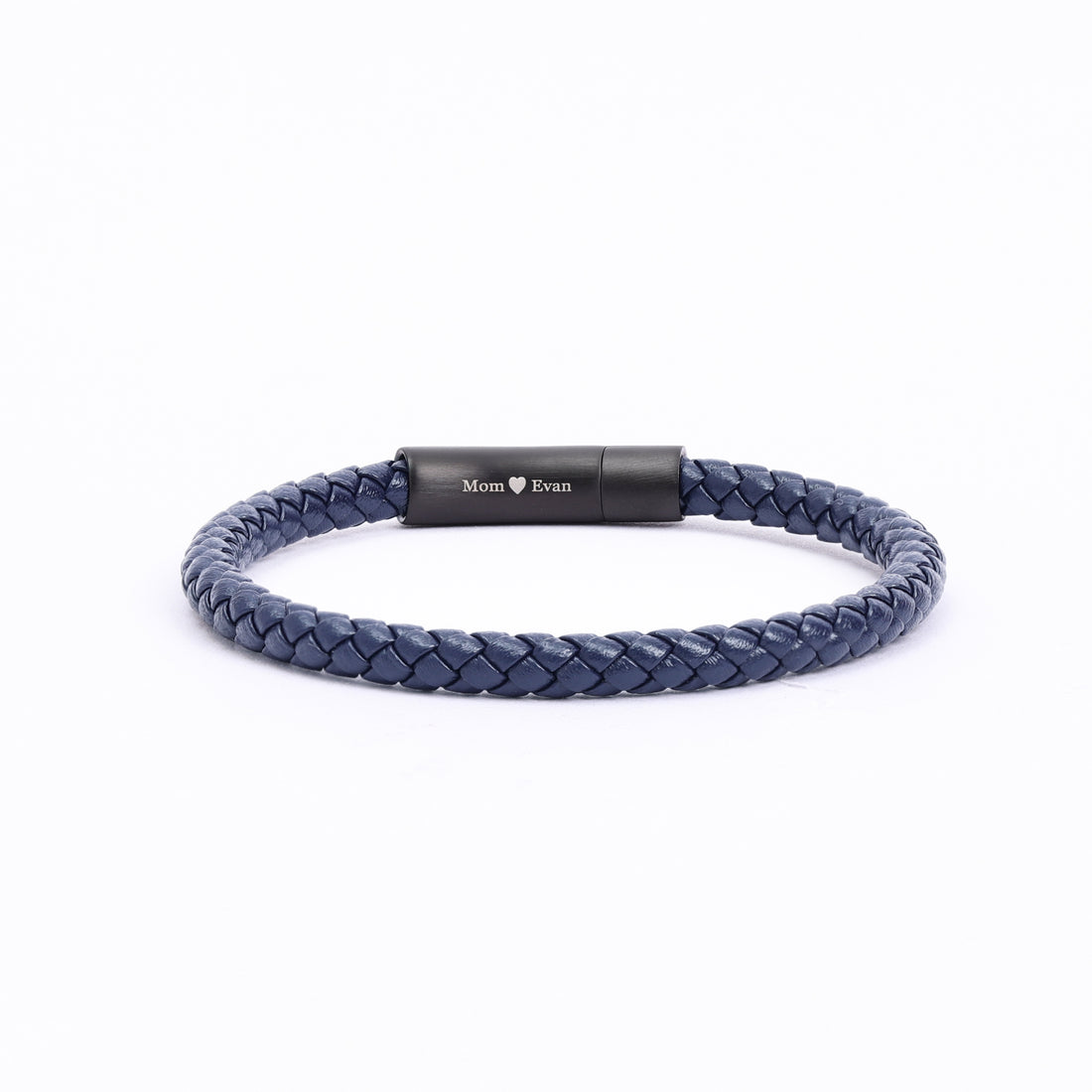 hidden custom message blue braided leather bracelet for men with custom engraving on the clasp, ideal for gifts like graduation or Valentine's Day, displayed on a sleek background