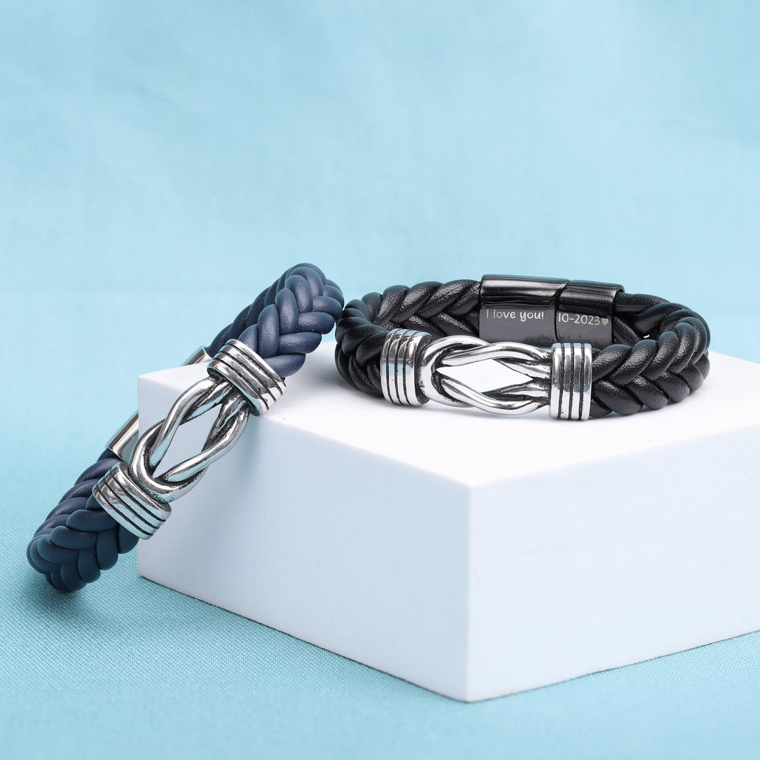 Blue Leather Infinity Knot Bracelet with Custom Engraving