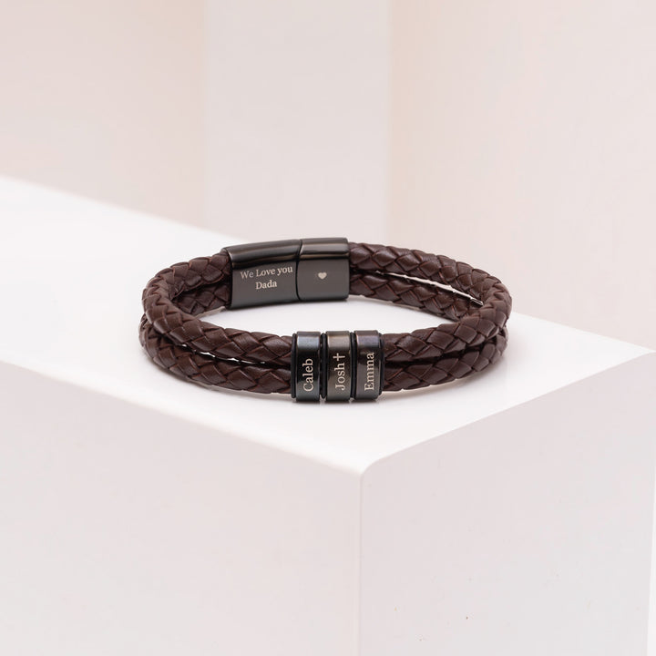 Personalized Men's Leather Bracelet with Family Names