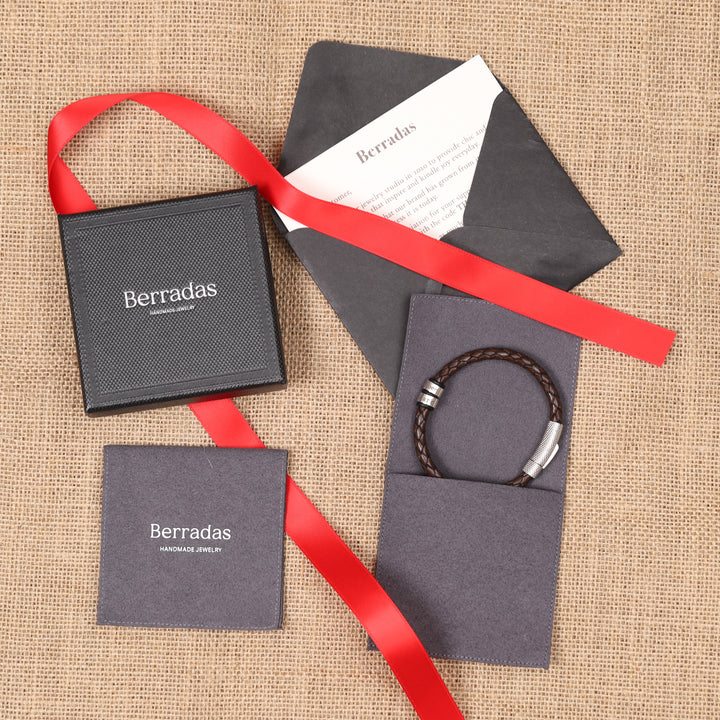 Custom-designed packaging box for a leather bracelet, featuring a sophisticated exterior and soft interior to enhance the gifting experience