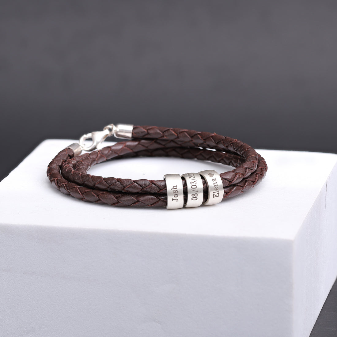 Personalized Leather Bracelet with Silver Name