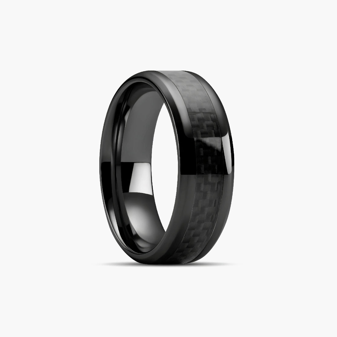 A sleek black tungsten carbide ring with a striking carbon fiber inlay, designed for modern elegance and durability.