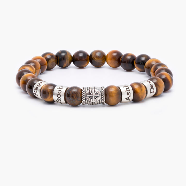 Custom Named Tiger Eye Bead Bracelet with a Navigational Compass Charm in the Middle.