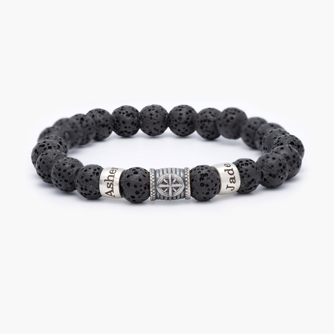 Men's lava rock bracelet featuring a central compass symbol, personalized with names, ideal for guiding family members like dad, grandfather, or husband on Valentine's Day.