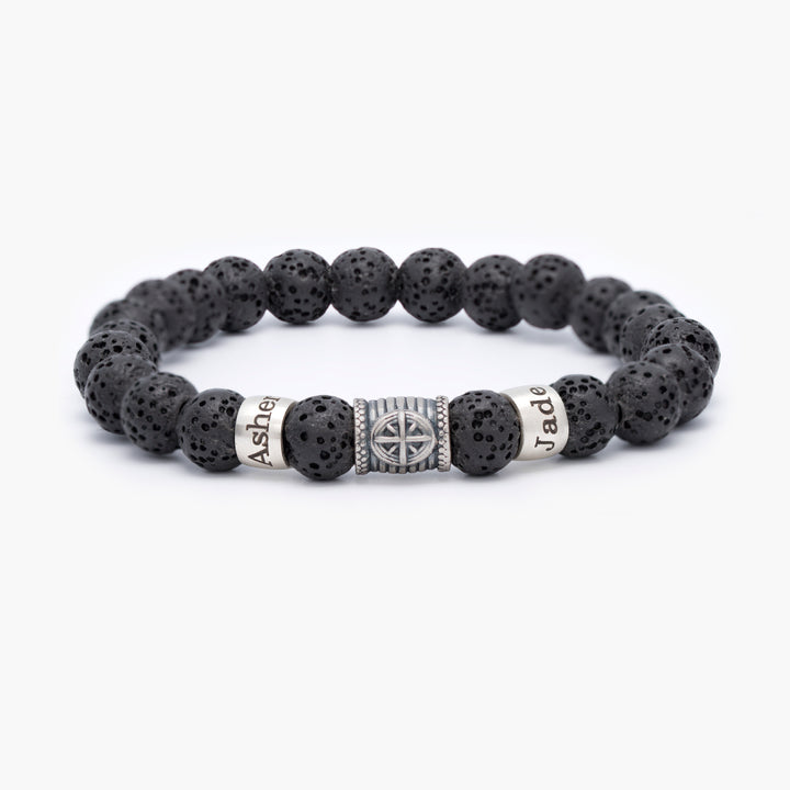 Men's lava rock bracelet featuring a central compass symbol, personalized with names, ideal for guiding family members like dad, grandfather, or husband on Valentine's Day.