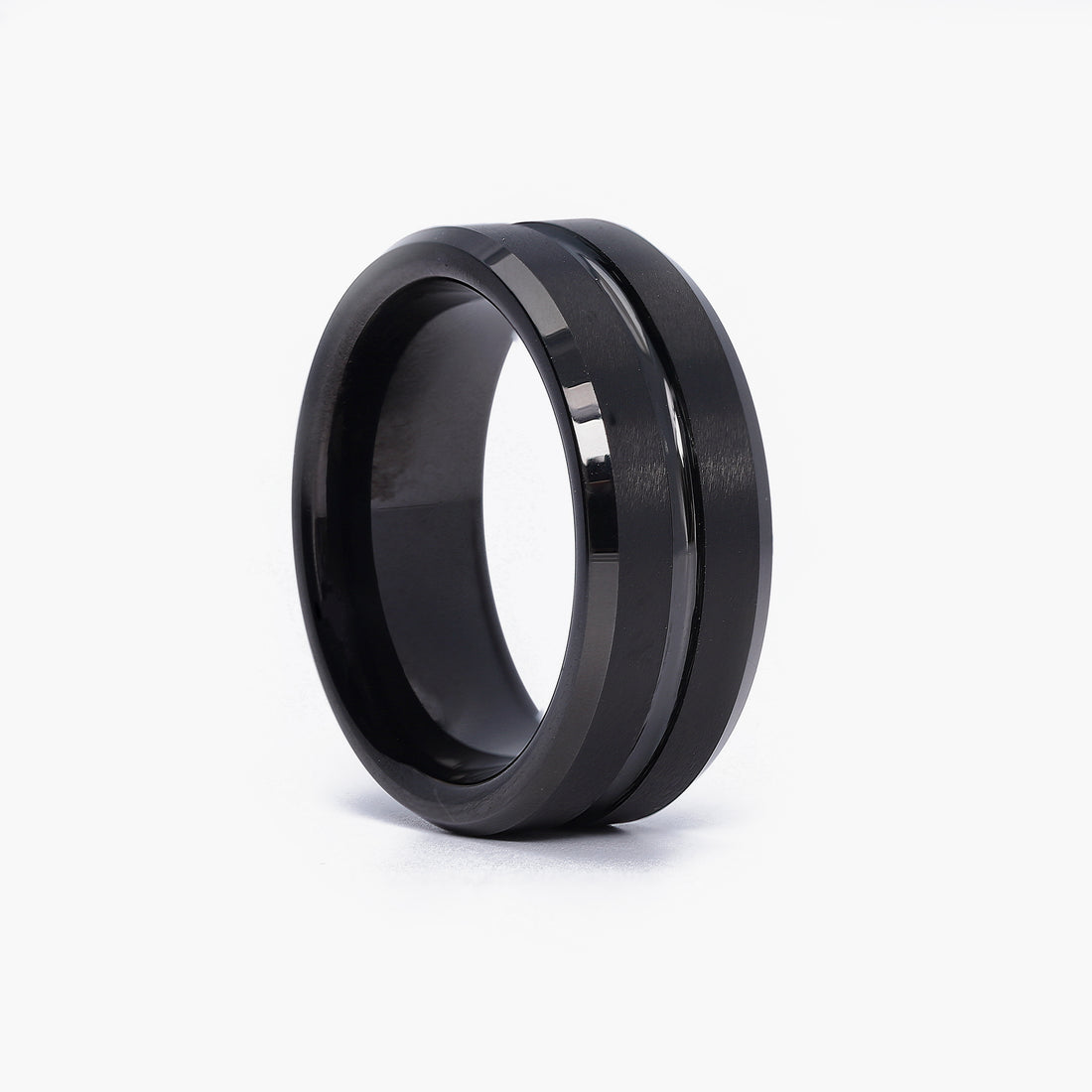 Personalized Black Men's Wedding Band with Name Engraving, ideal as a Promise Ring, featuring a Central Groove for a unique touch.