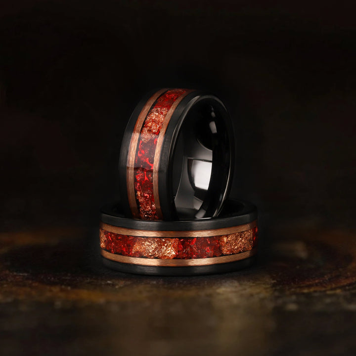 Custom engraved red opal ring inlay for men showcasing artisanal craftsmanship and vibrant red opal detail.