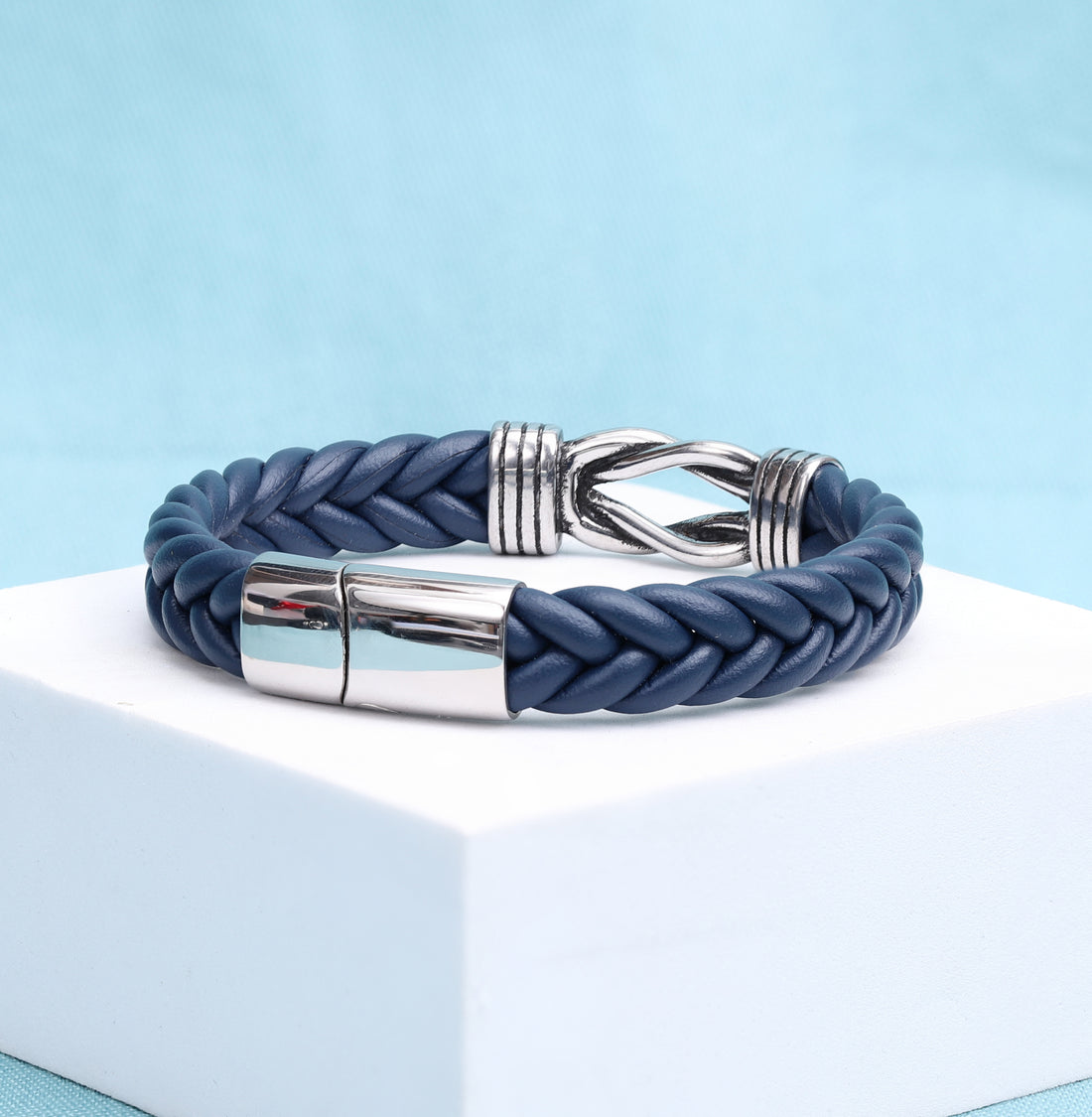 Blue Leather Infinity Knot Bracelet with Custom Engraving