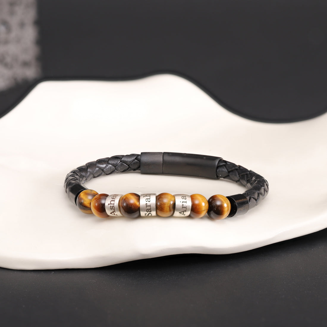 Men's Tiger Eye & Leather Bracelet with Personalized Sterling Silver Charms