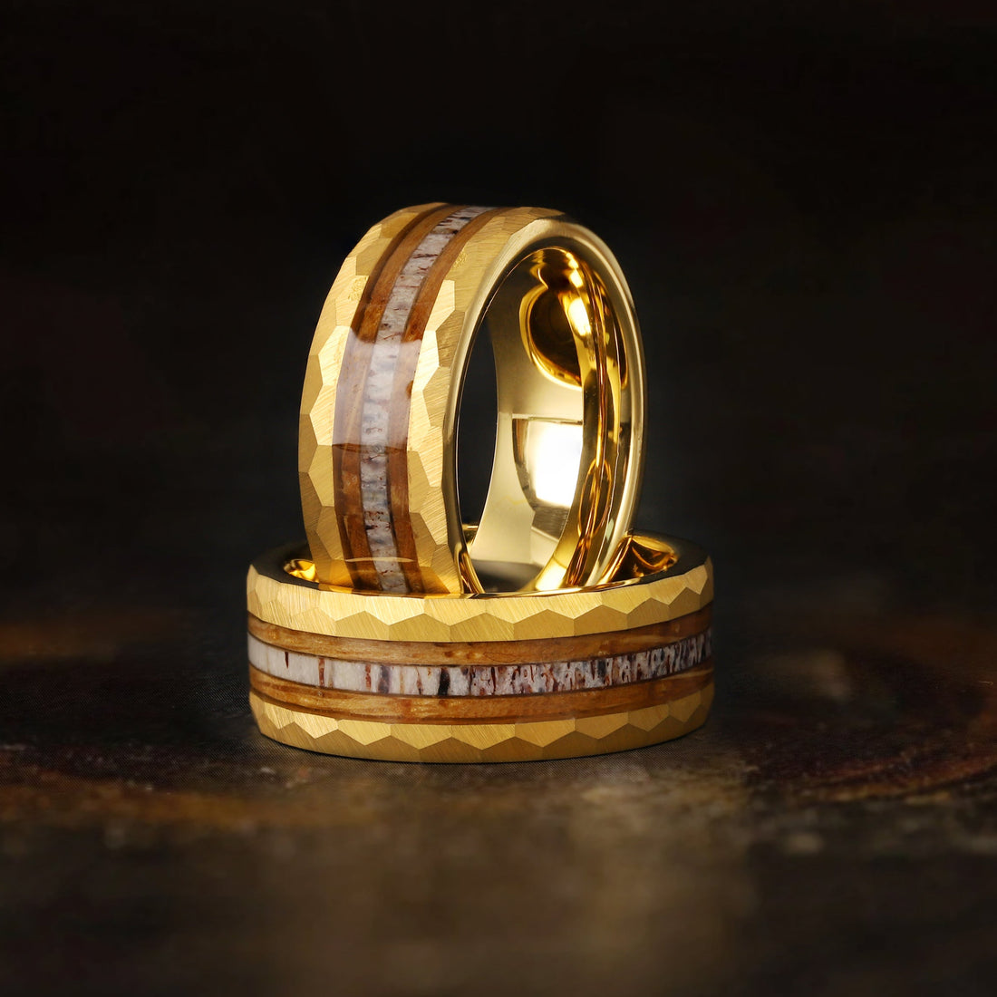 Custom hidden message gold hammered ring with deer inlay for men