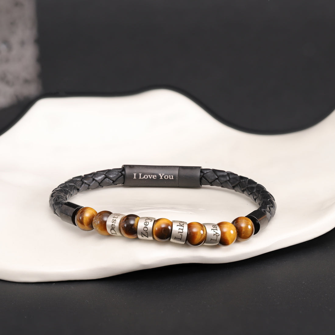 Men's Tiger Eye & Leather Bracelet with Personalized Sterling Silver Charms