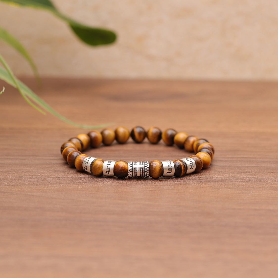 Custom Engraved Tiger Eye Bracelet with a Distinctive Cross Charm - Perfect for Gifting