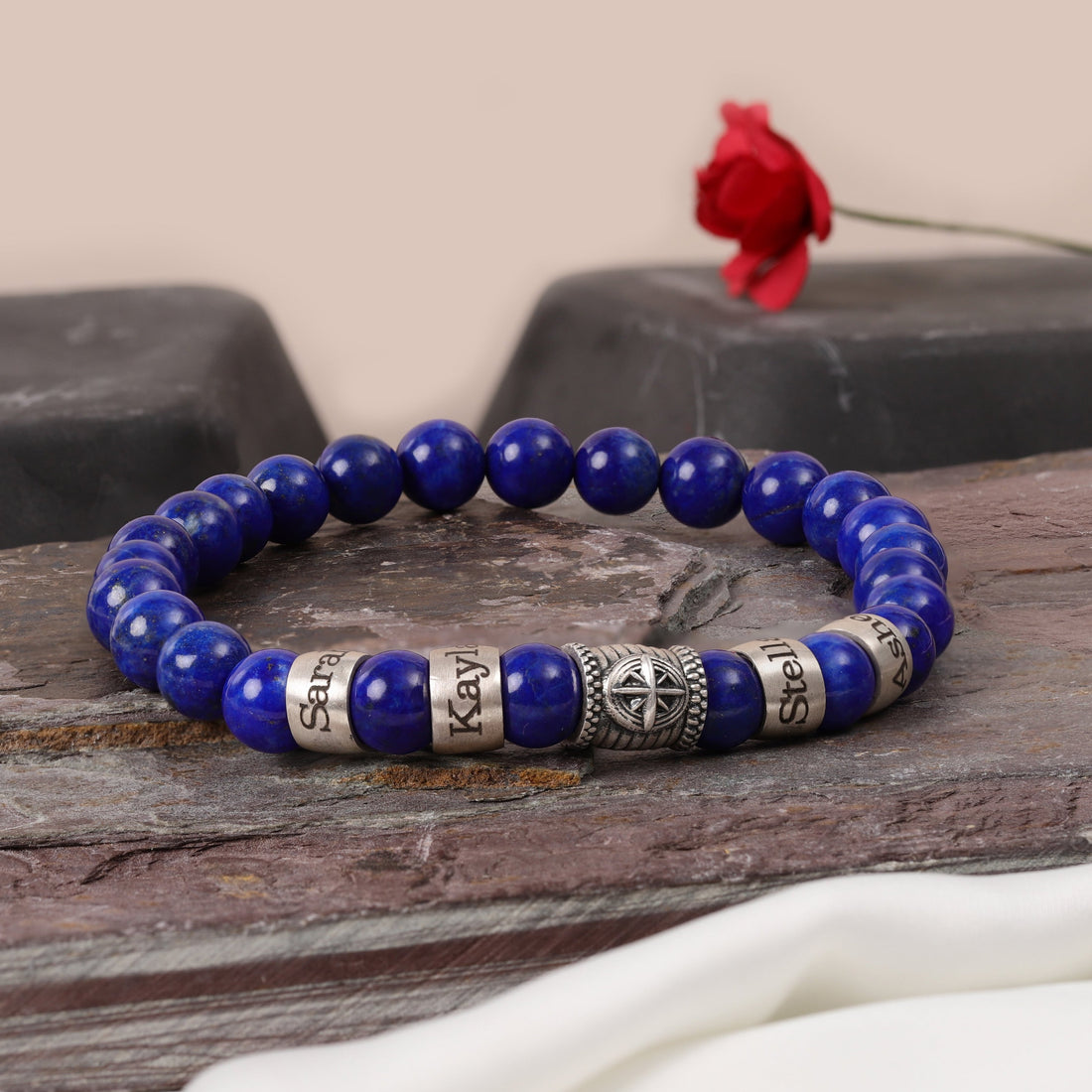 Custom engraved lapis lazuli bead bracelet with a compass symbol, a special present for fathers
