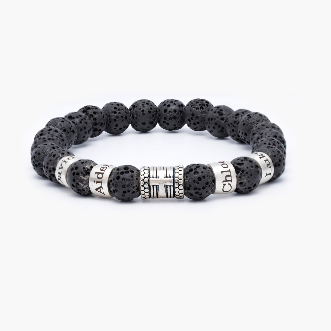  An image depicting a men's bracelet featuring a cross design, personalized with custom names, and adorned with lava stones.