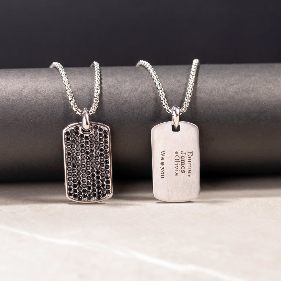 Men’s silver dog tag pendant with black diamond and name engraving
