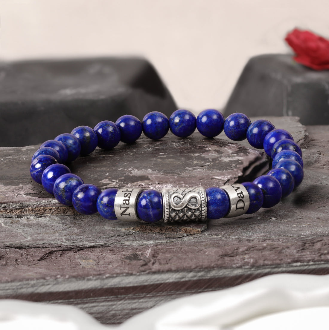 Custom lapis lazuli bracelet with family name engravings and tree charm, perfect gift for men, dad, or husband