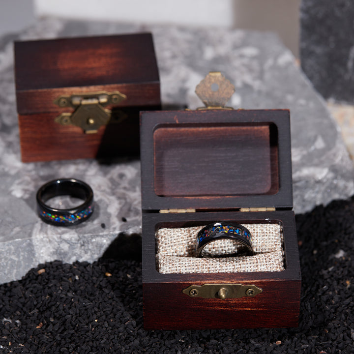 Hand-crafted 8mm Nebula Meteorite and Opal Black Ring, perfect for a men's wedding band or promise ring