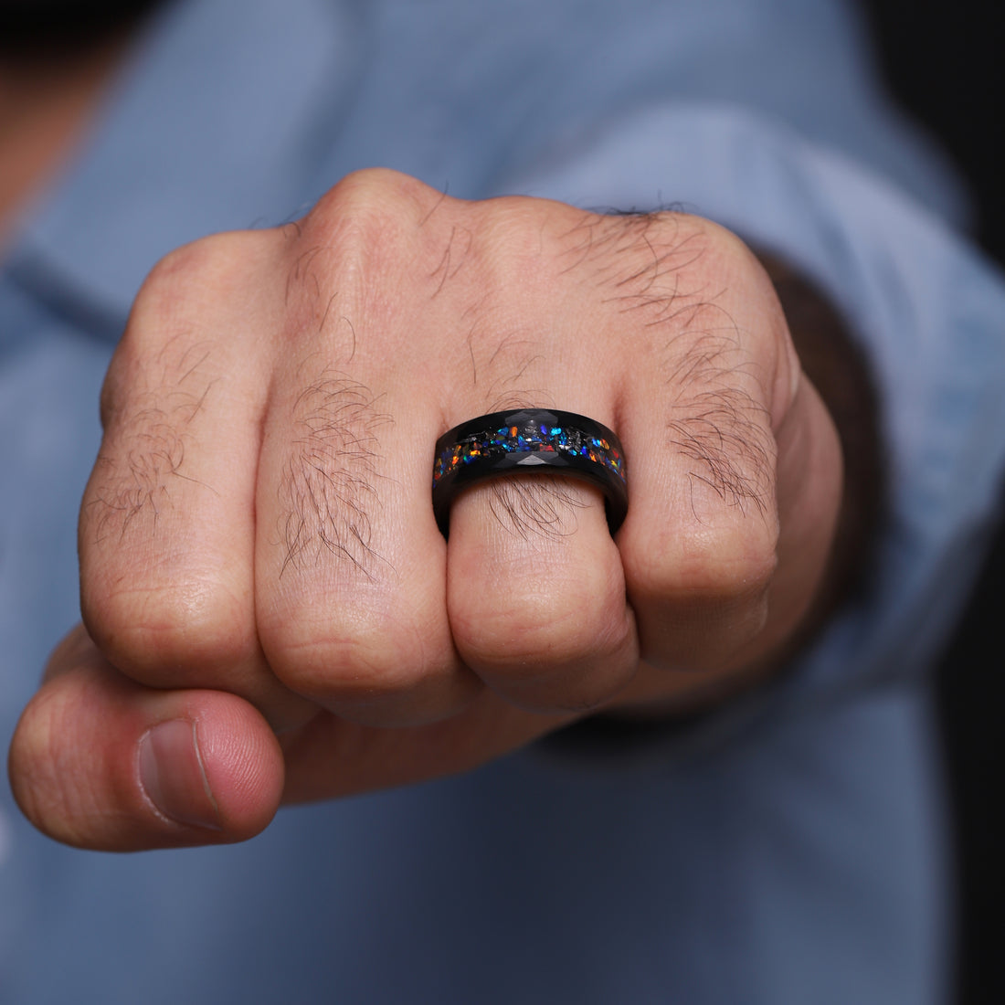 Unique 8mm black ring with meteorite and opal, reflecting the beauty of a starry nebula