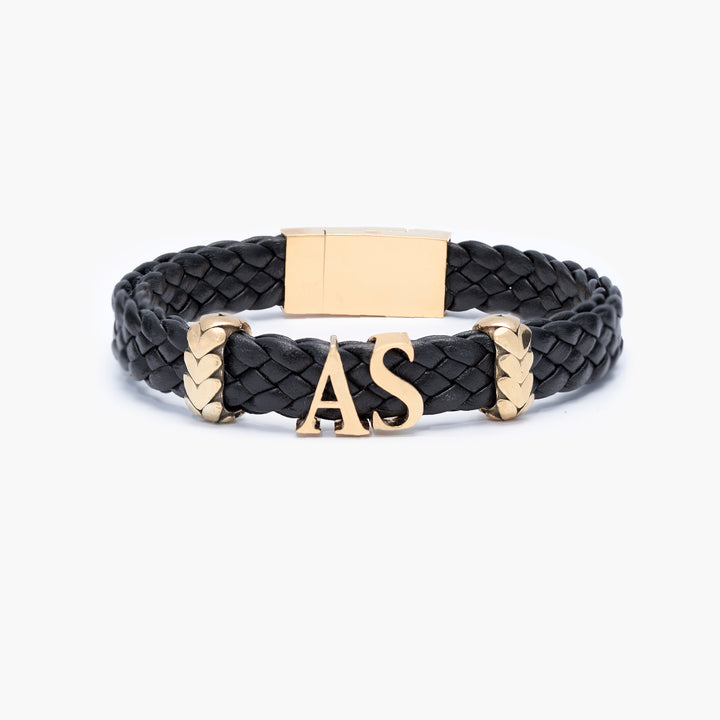 Personalized Gold Initials & Heart Charms Leather Bracelet