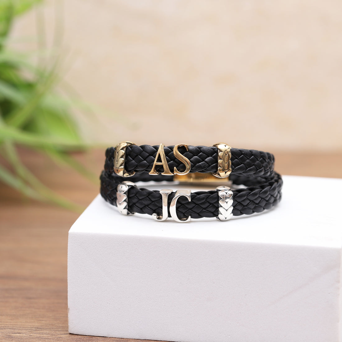 Personalized Gold Initials & Heart Charms Leather Bracelet