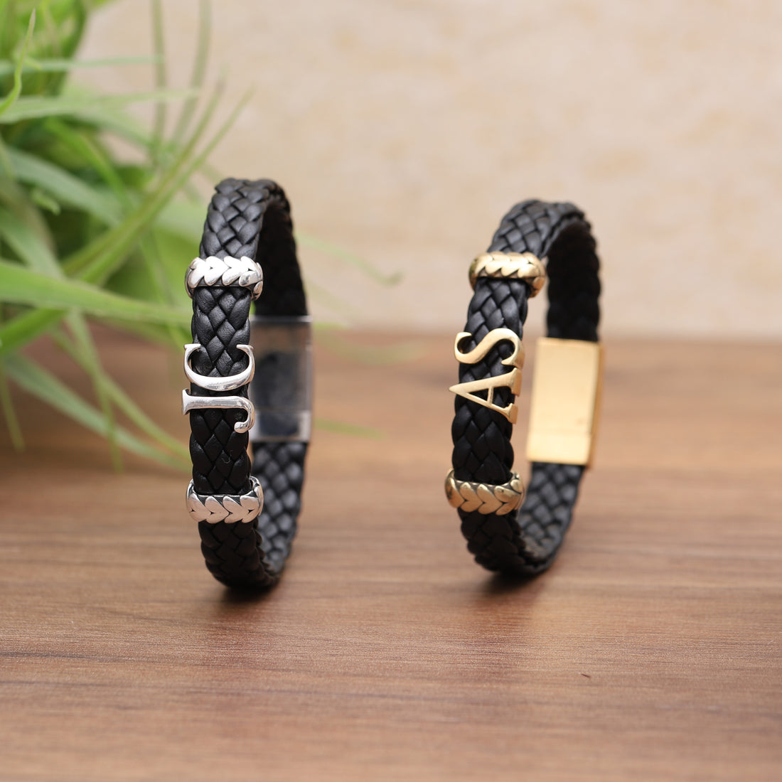 Personalized Gold Initials & Heart Charms Leather Bracelet