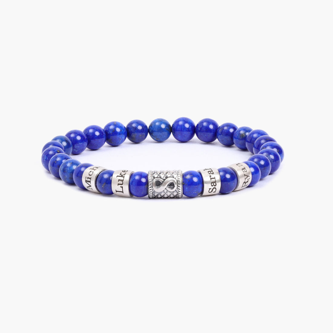 Personalized lapis lazuli bracelet with engraved family names and tree charm, custom men's jewelry gift for dad or husband.