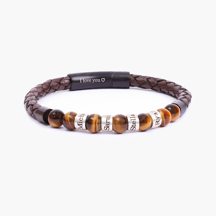 Elegant tiger eye men's leather bracelet with customizable silver charms, perfect for gifting."