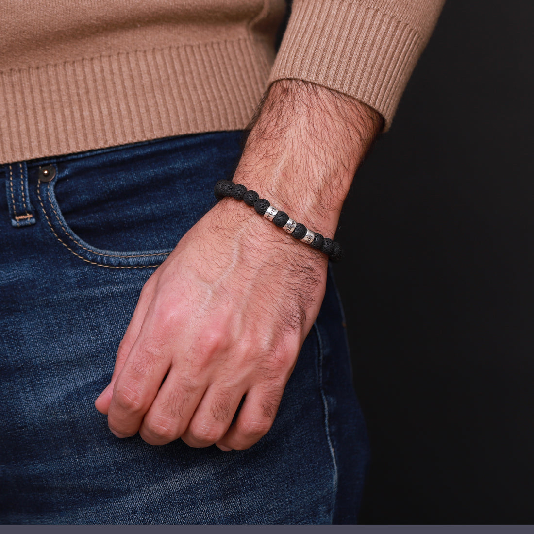 Personalized men's lava bead bracelet, signifying courage and strength, a thoughtful gift for family members, especially suited for Valentine's Day celebrations.