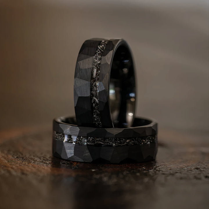 Black Hammered Ring with Meteorite inlay