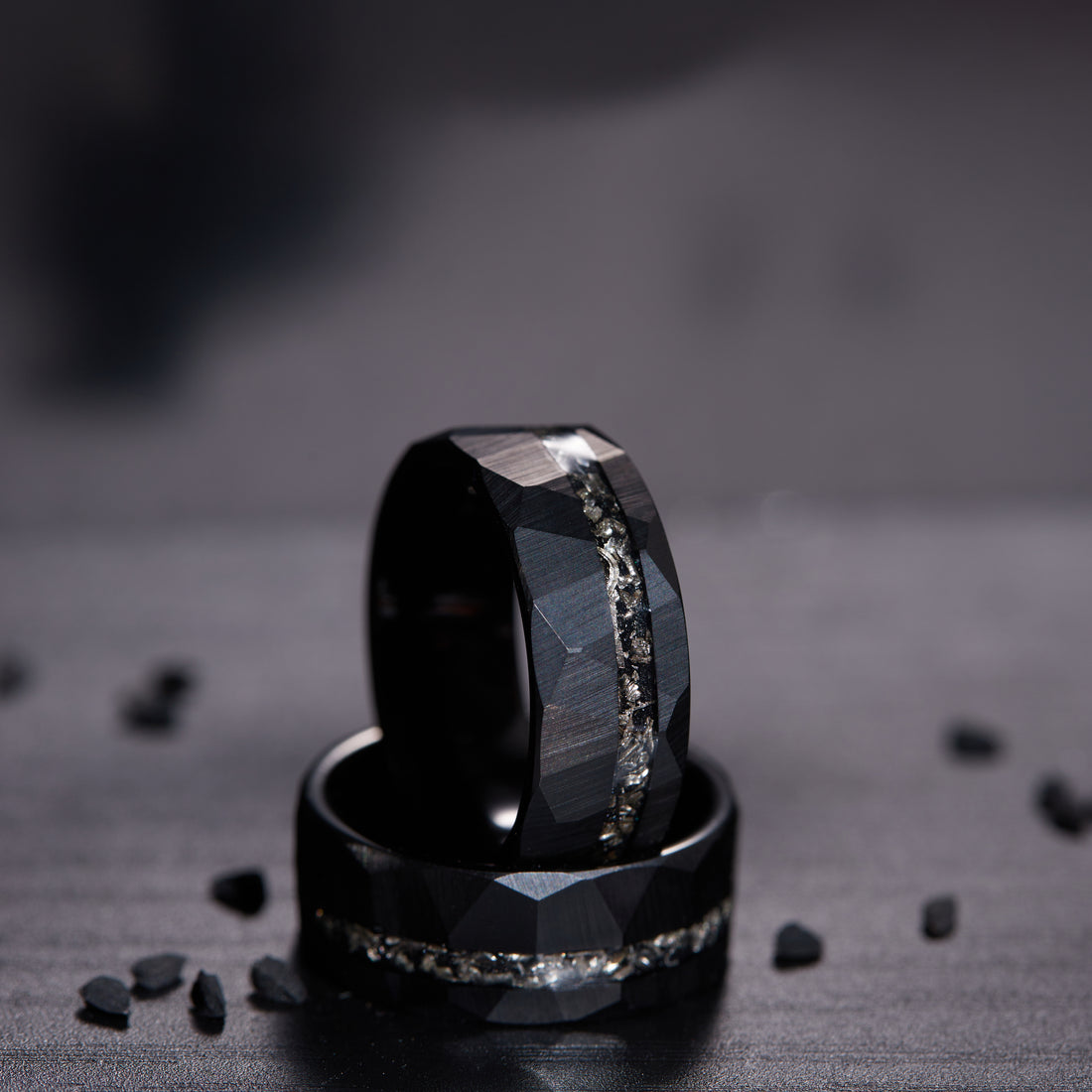 For a truly special gift for men, choose our Black Hammered Ring with meteorite inlay.