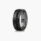 Custom black ring for men with meteorite detail, ideal as a wedding ring, promise ring, or anniversary gift.