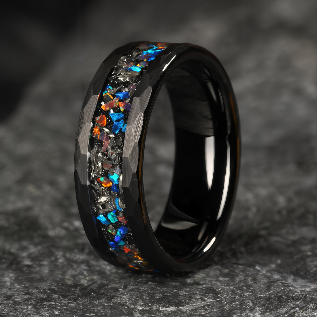 Black Ring with Meteorite and Opal Inlay – Unique Men’s Wedding Band