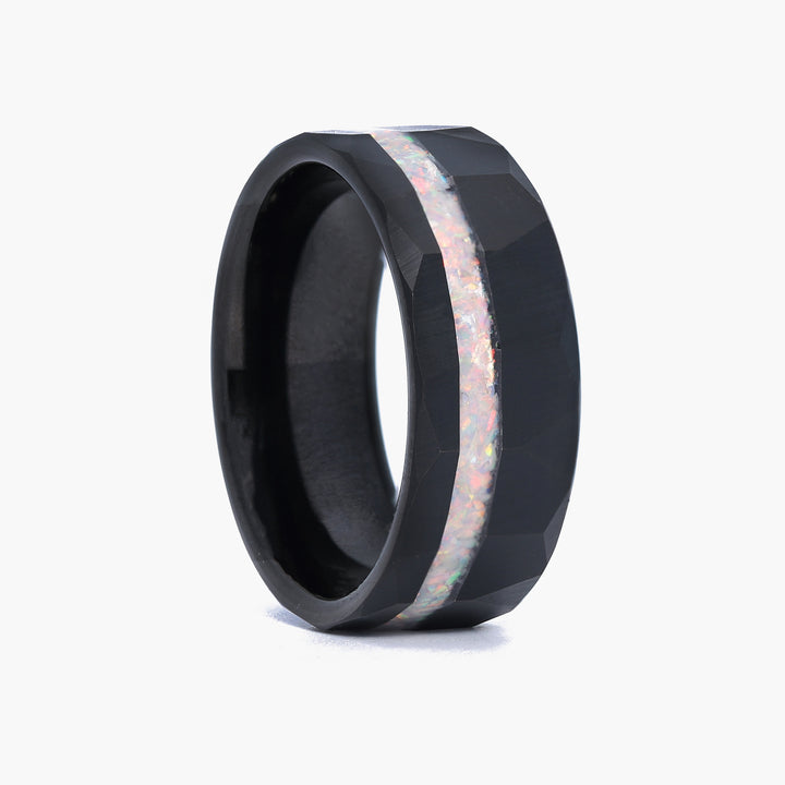 Black Ring with Opal Inlay - Personalized Ring for men