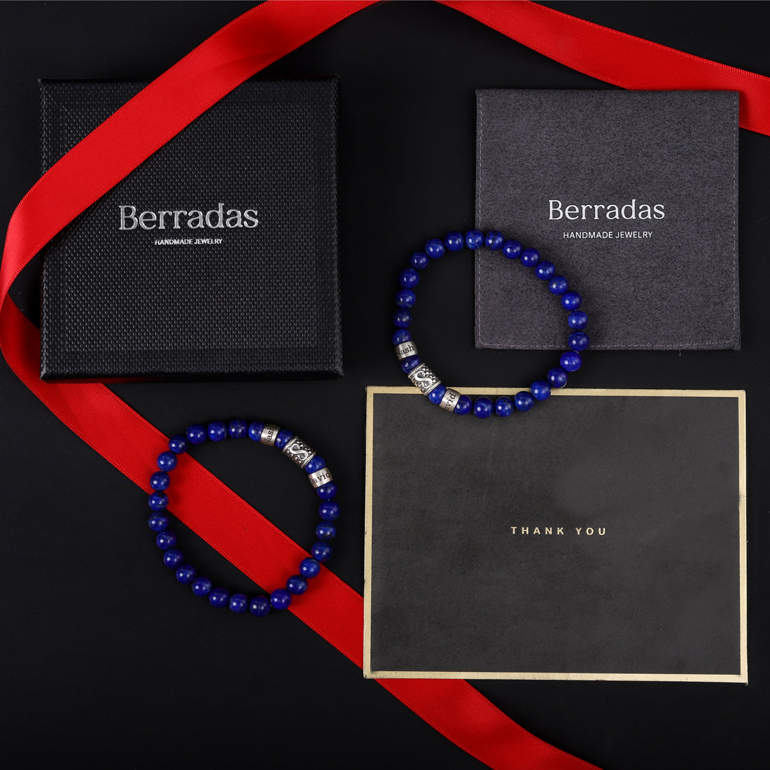 Gift box packaging of Lapis lazuli bracelet for men featuring personalized family names and a tree charm, unique custom jewelry gift for dads